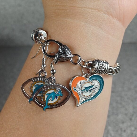 Miami Dolphins NFL Charm Bracelet and Earrings Football Fan Jewelry Set - Picture 1 of 7